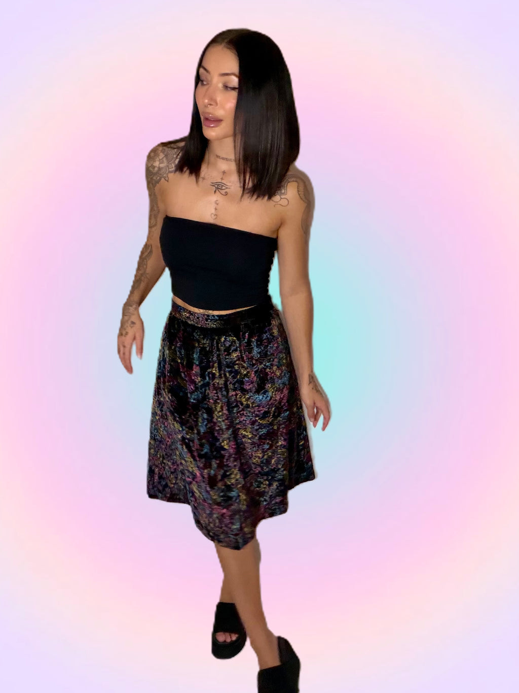 Ditsy print velvet midi skirt