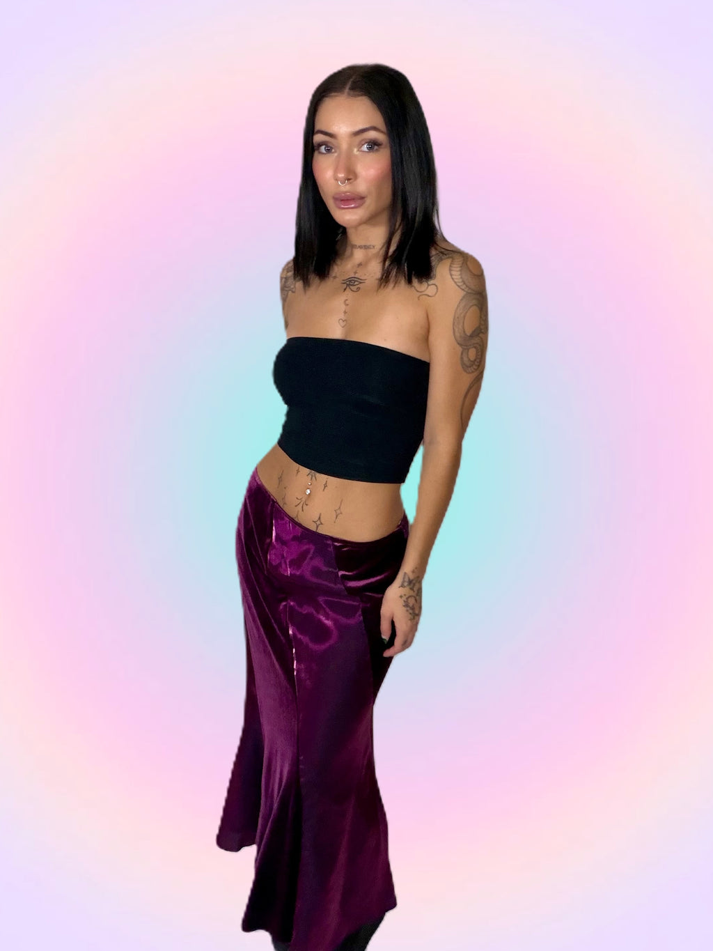 Purple velvet panelled midaxi skirt