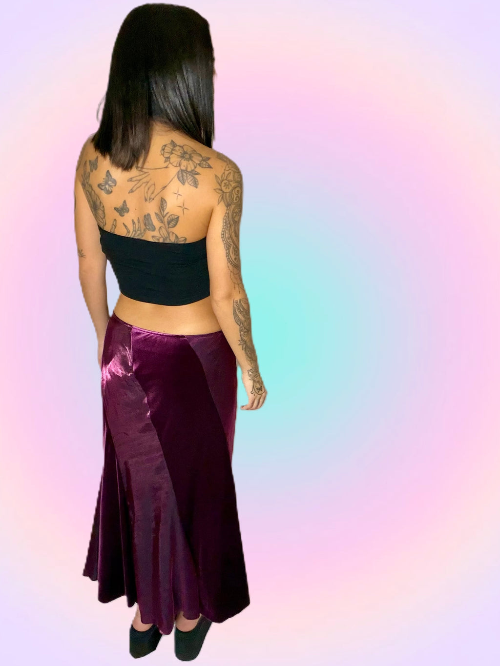Purple velvet panelled midaxi skirt