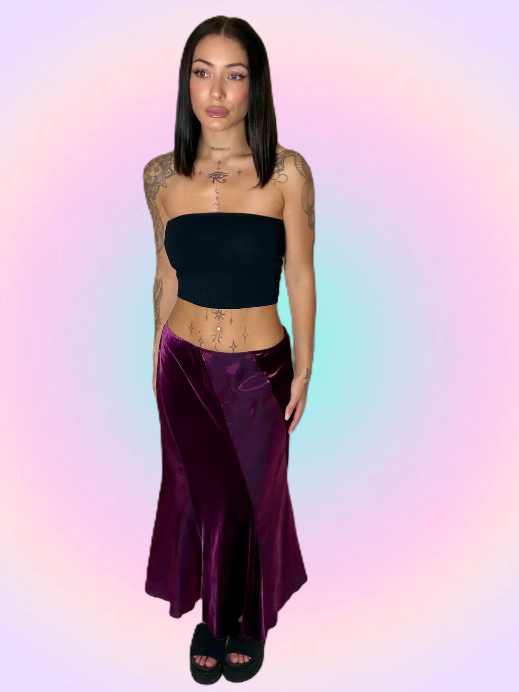Purple velvet panelled midaxi skirt