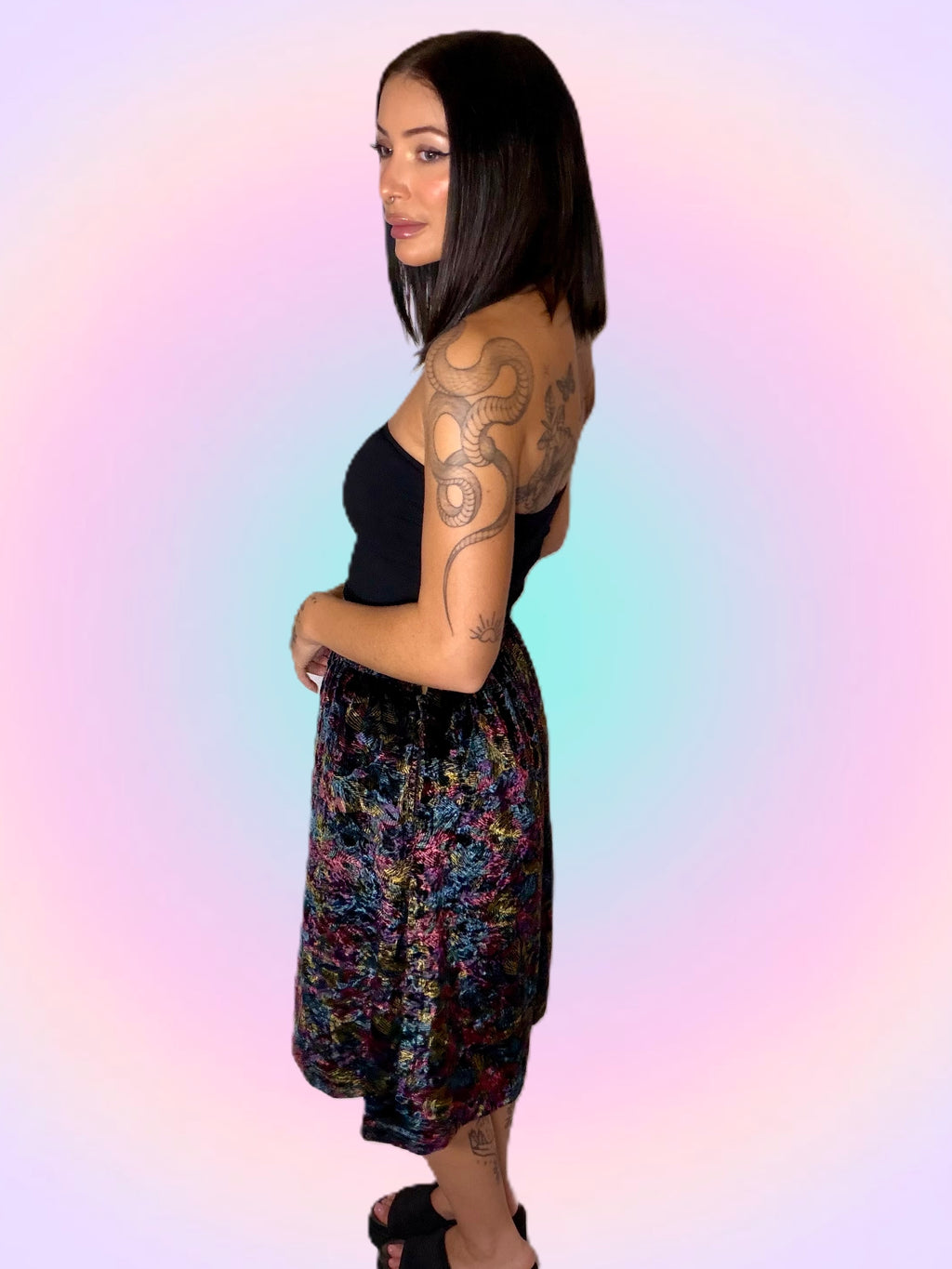 Ditsy print velvet midi skirt