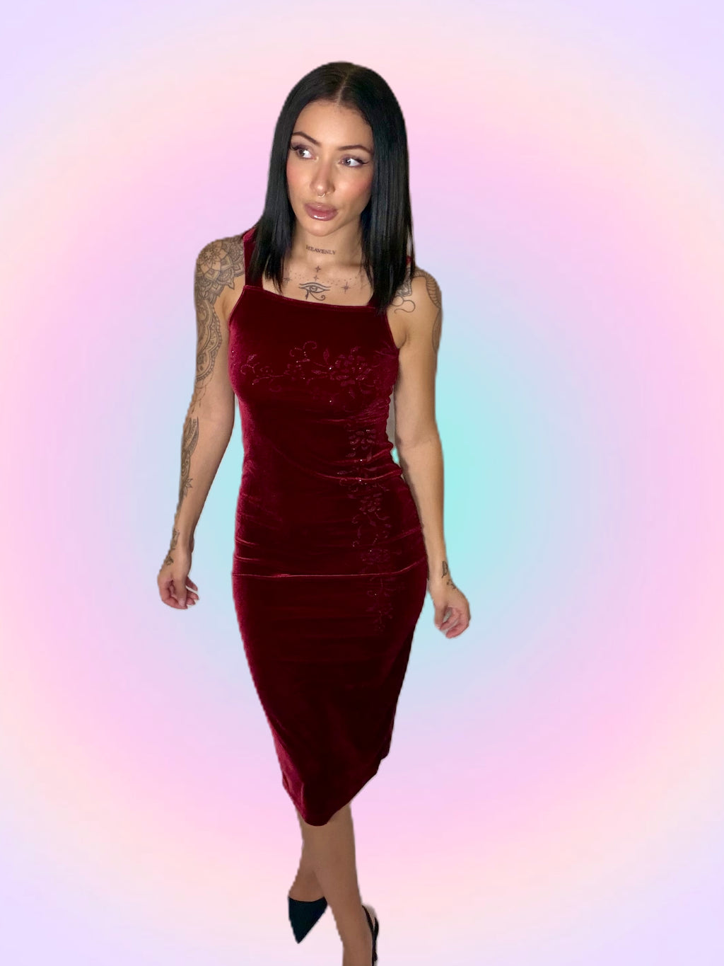 Red velvet midi dress