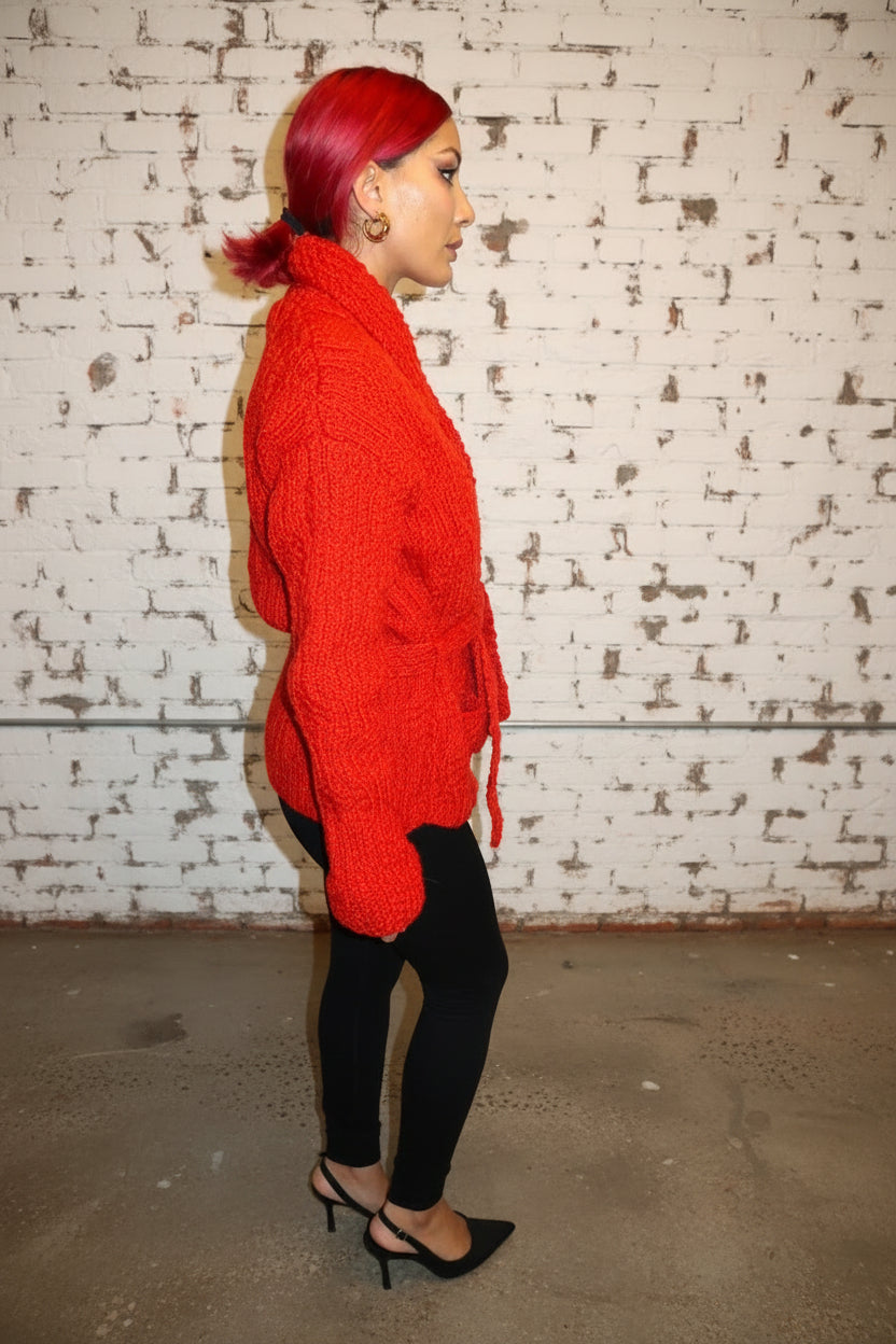 Red chunky knit cardigan