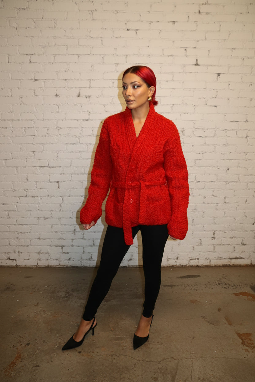 Red chunky knit cardigan