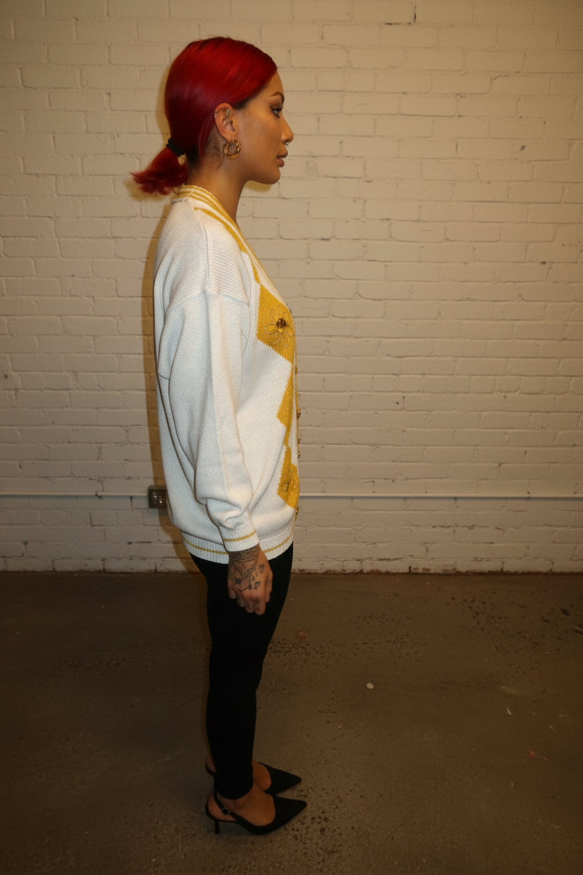 White and yellow knit cardigan