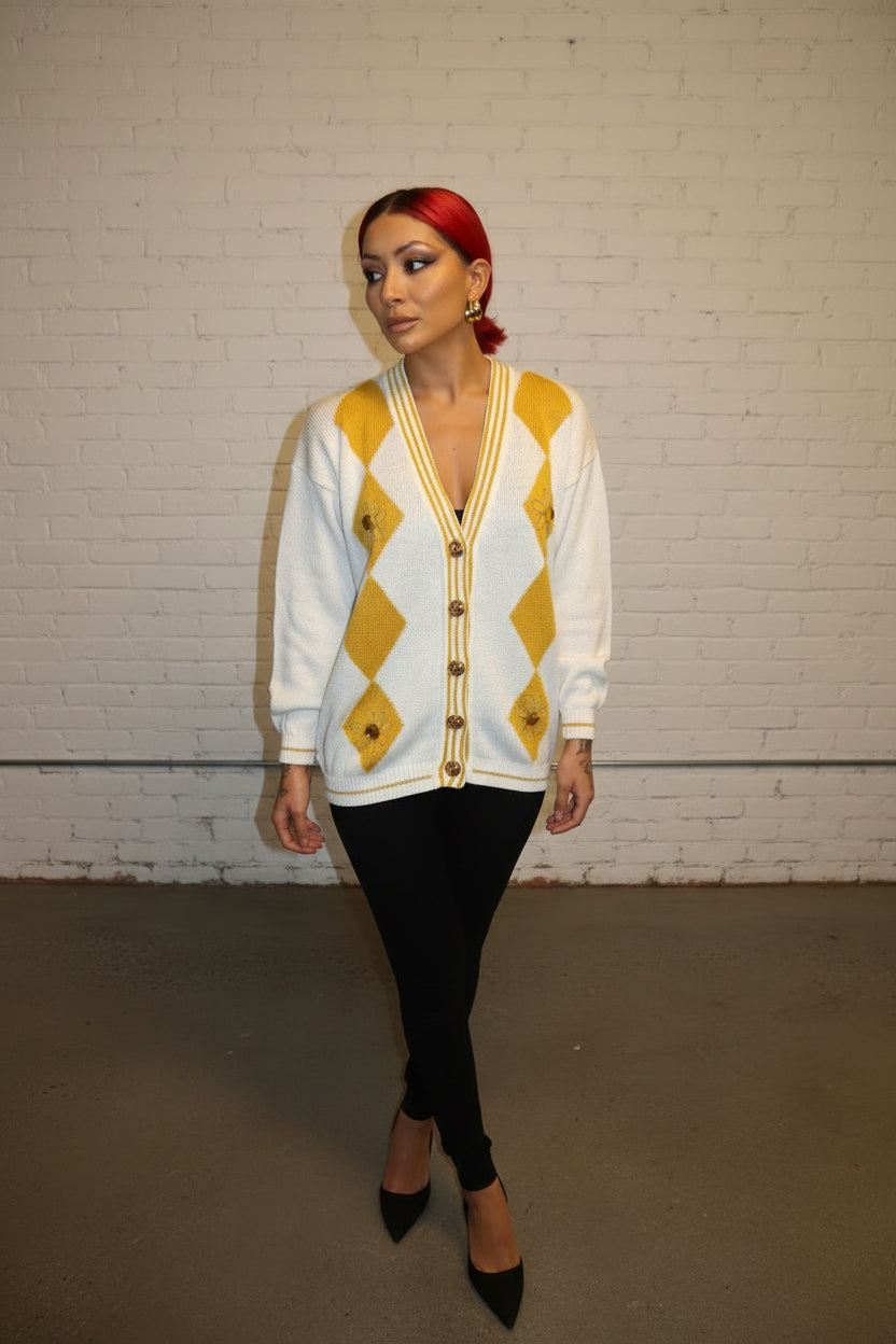 White and yellow knit cardigan